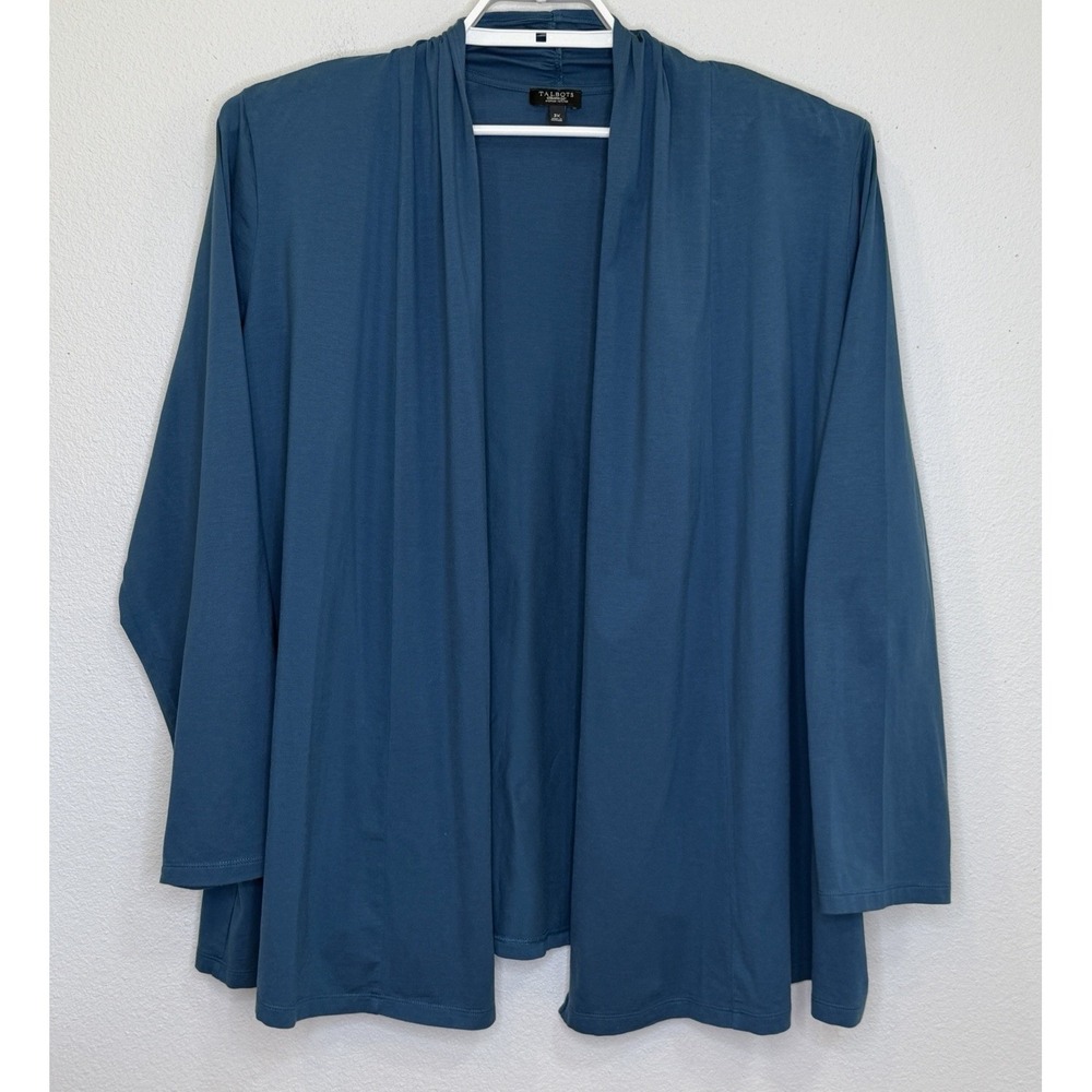 Talbots Open Front Cardigan Womens Size 3X Petite Dark Teal Long Sleeve Stretch‎